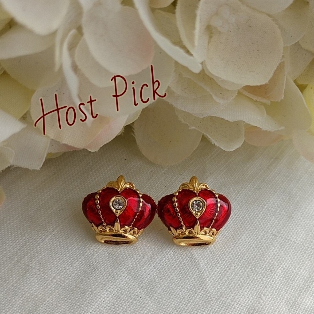 Crown Earrings Royal Red Enamel Vintage Avon Rhinestone Goldtone Princess Jewels - Picture 8 of 8